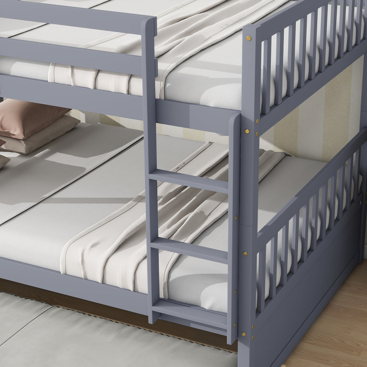 Full Bunk Bed with Pull-Out Trundle, Convertible Bunk Bed to 2 Single Beds, Solid Wood Bed Frame with Ladder & Guardrail, Grey
