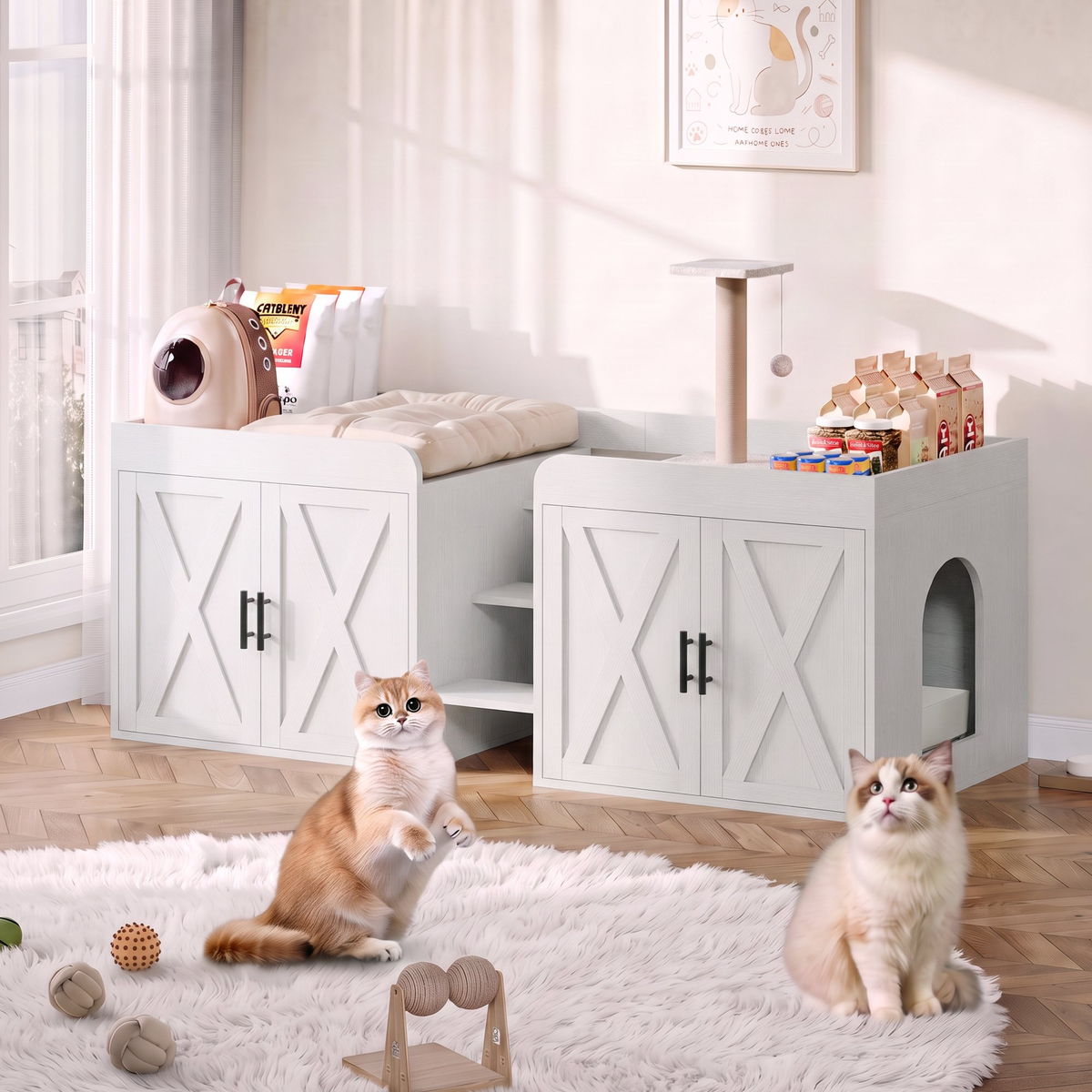 Cat Litter Box Enclosure for 2 Cats, 55" Hidden Litter Box Furniture with Pet Stairs,Cat Washroom with Double Large Room, Farmhouse Indoor Litter Box, White