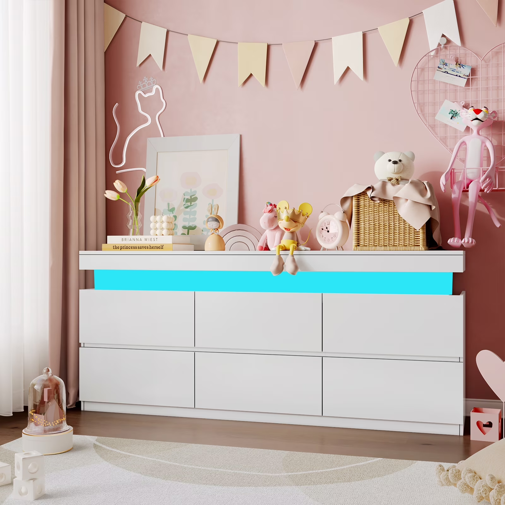 NYBOPAVIS 6 Drawer Dresser for Bedroom, Chest of Drawers with LED Light, TV Stand with Drawers White