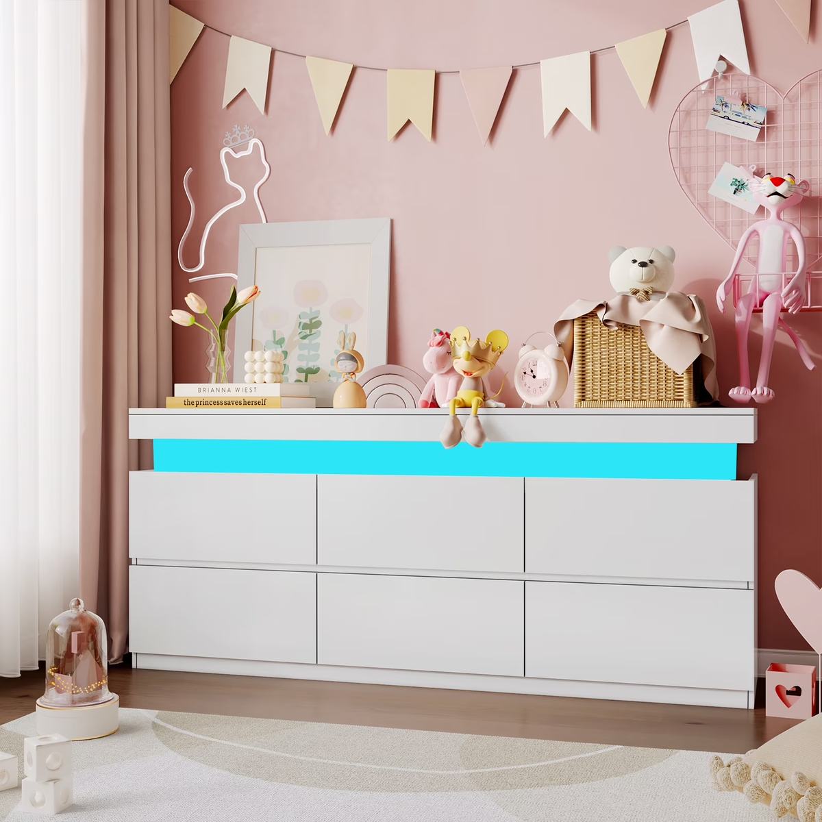 NYBOPAVIS 6 Drawer Dresser for Bedroom, Chest of Drawers with LED Light, TV Stand with Drawers White