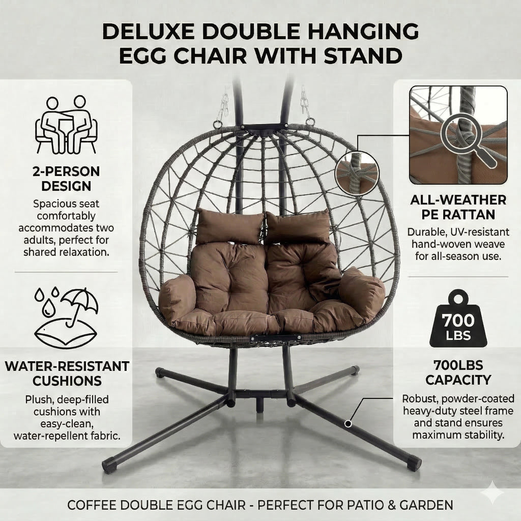 Indoor/Outdoor Wicker Swing Egg Chair, Double Hammock Hanging Chair Nest Basket with Stand, UV Resistant Cushions, 700LB Capacity for Bedroom, Balcony, Garden & Poolside, Brown