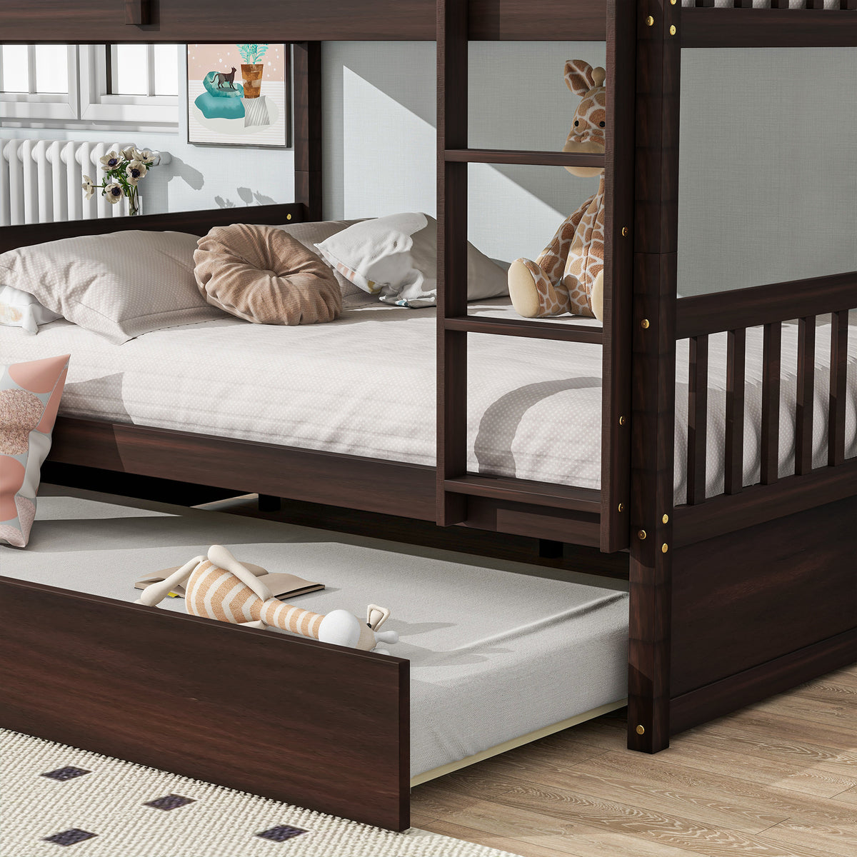 Full Bunk Bed with Pull-Out Trundle, Convertible Bunk Bed to 2 Single Beds, Solid Wood Bed Frame with Ladder & Guardrail, Espresso