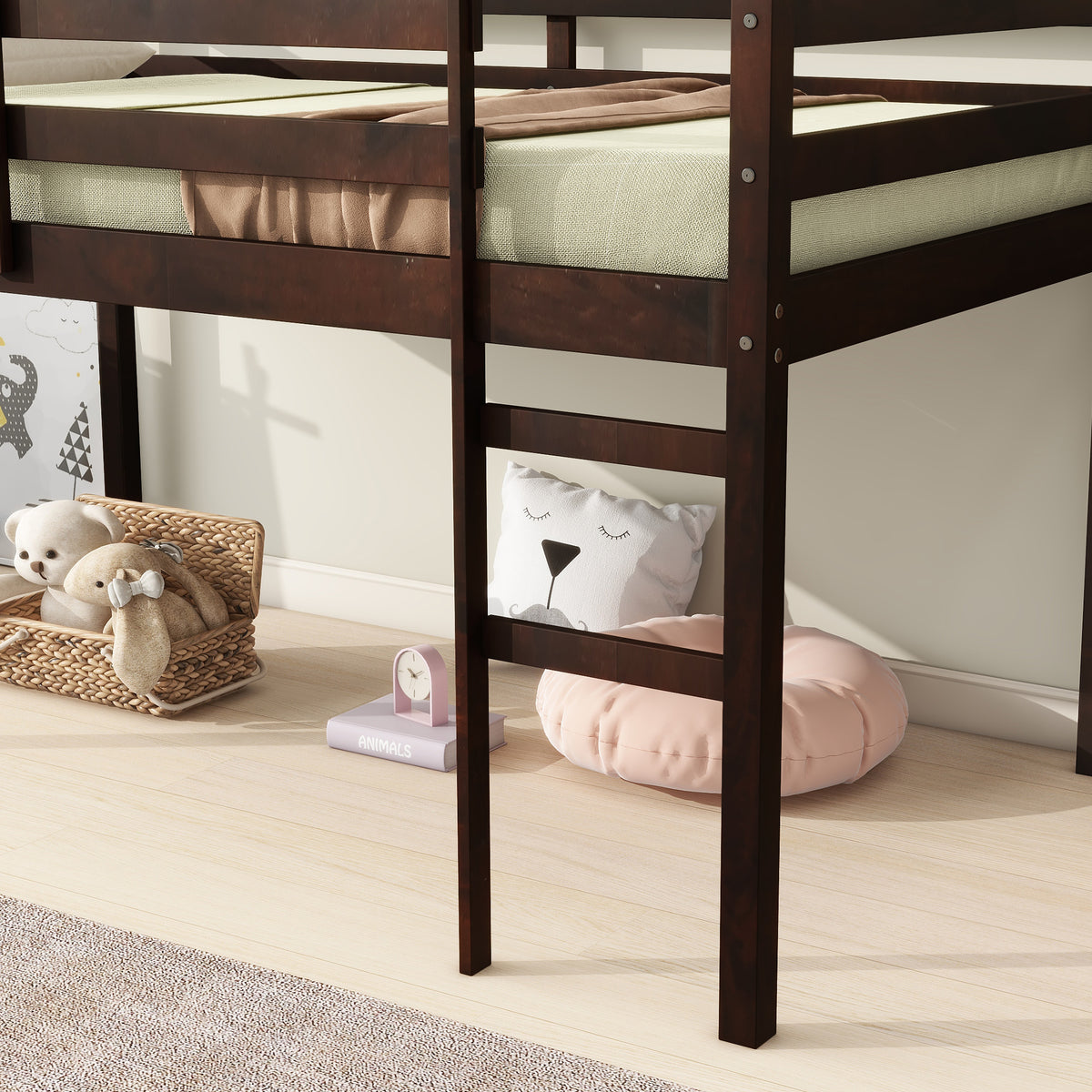 Twin Low Loft Bed Frame, Solid Wood Elevated Bed with Guardrail, Space Saving Loft Bed for Bedroom, Espresso