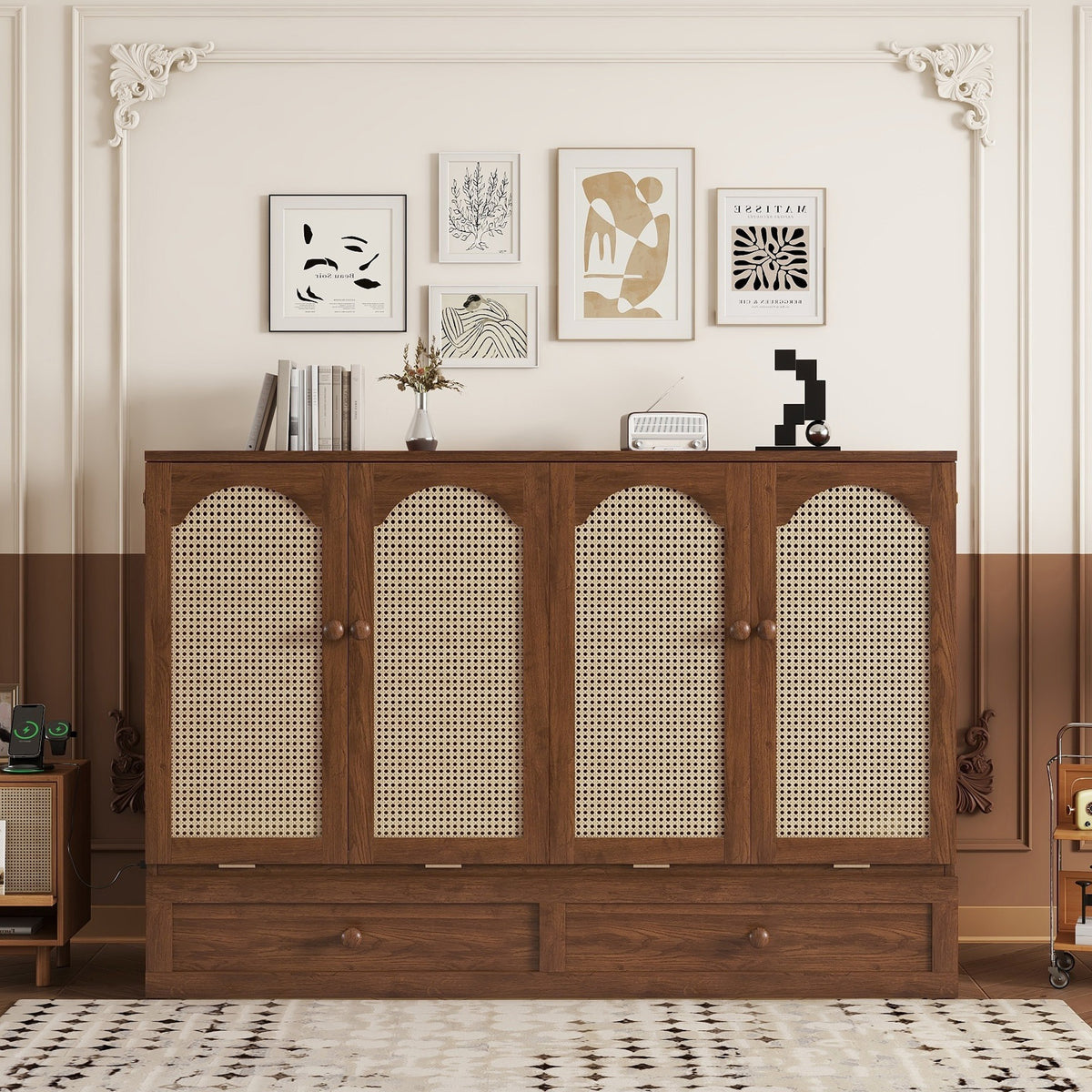 Queen Size Murphy Bed with Charging Station & 2 Storage Drawers, Folding Storage Wall Bed Furniture for Bedroom, Office, Guest Room, Walnut