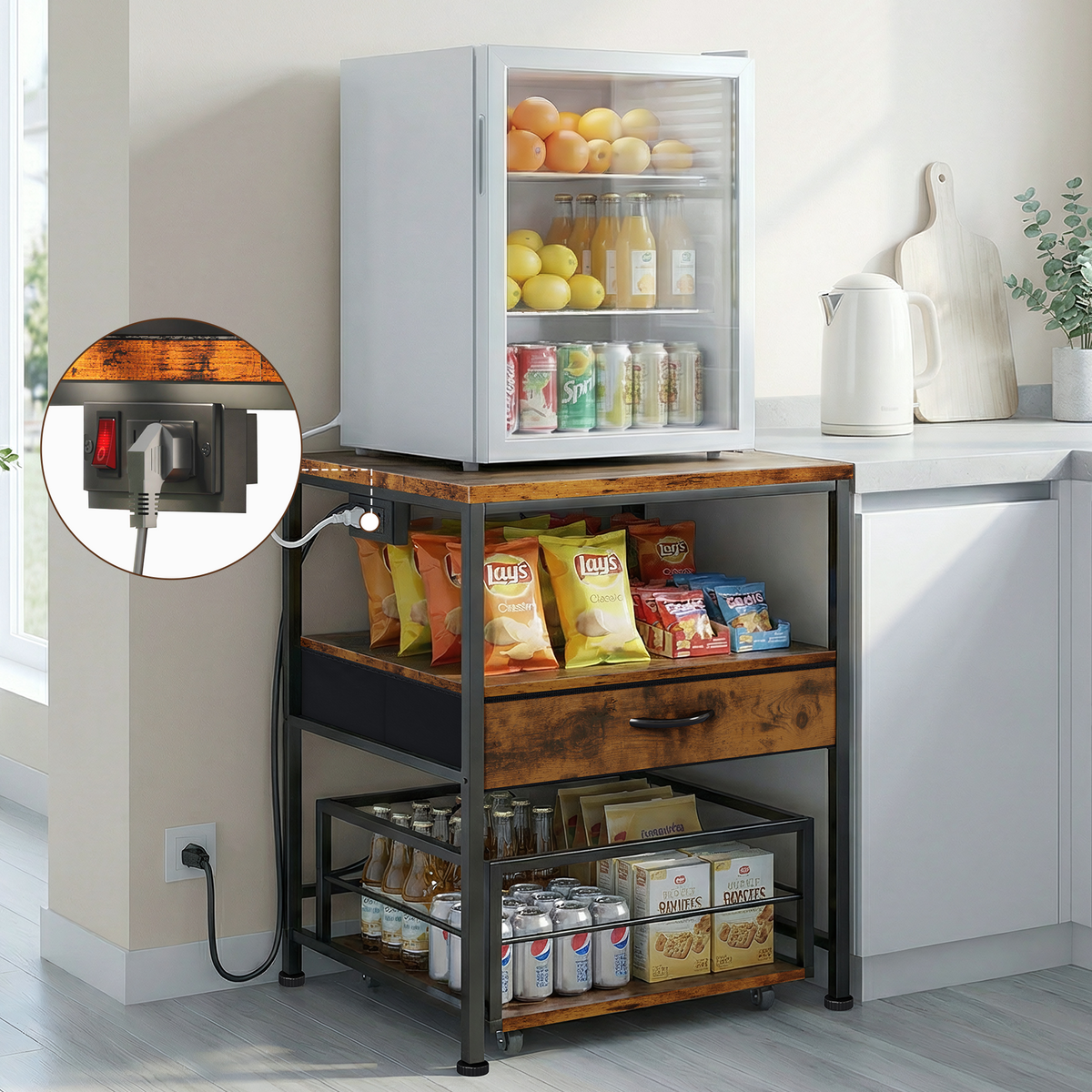 Mini Fridge Stand with Drawer Storage and Power Outlet, Heavy Duty Mobile Mini Fridge Shelf with Wheels, Beverage Refrigerator Table Stand,Brown