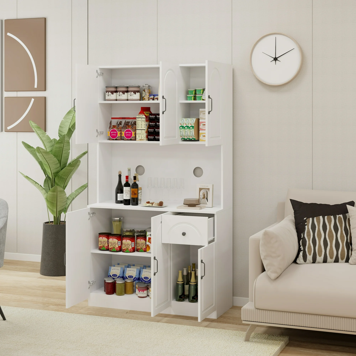 71" Kitchen Pantry with LED Light, Adjustable Shelves Freestanding Hutch Cabinet with Microwave Stand and Drawer, White