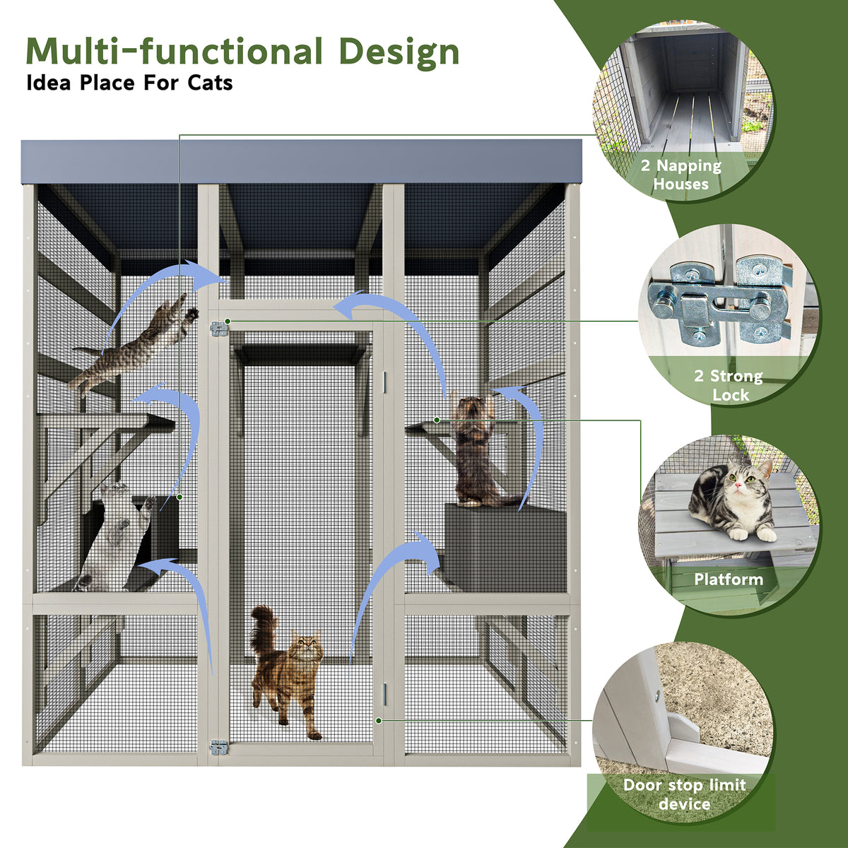 Wooden Catio Outdoor Cat Enclosure Large Cat House for Mulitiple Cats Walk ,2 Napping Boxes & Small Animal Cage, Outdoor Cat Catio with Waterproof Cover,Ramp