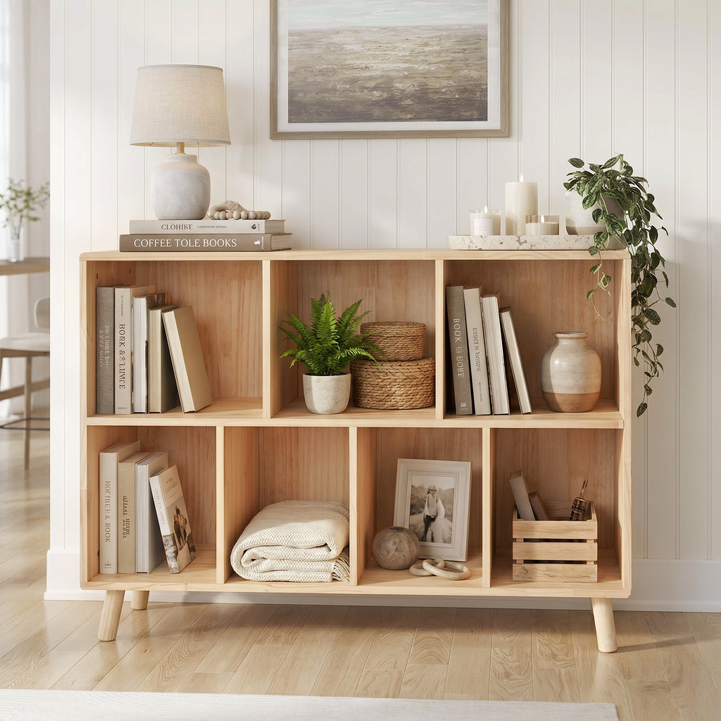 Bookshelf with 7 Cube,Pine Modern Wooden Bookcase with Storage Organizer for Home, Office, Natural