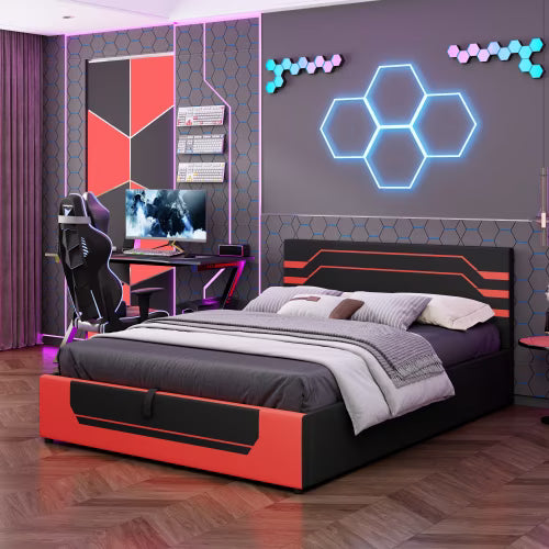 Modern Queen Size Gaming Bed Frame, Cyberpunk Esports Platform Bed with Hydraulic Underbed Storage, Black & Red Heavy Duty Bedroom Furniture for Gamers & Adults