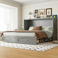 Queen Size Murphy Wall Bed, Foldable Wall Bed with Storage Drawer, Pulley Structure, Built-in Sockets & USB Ports, Gray