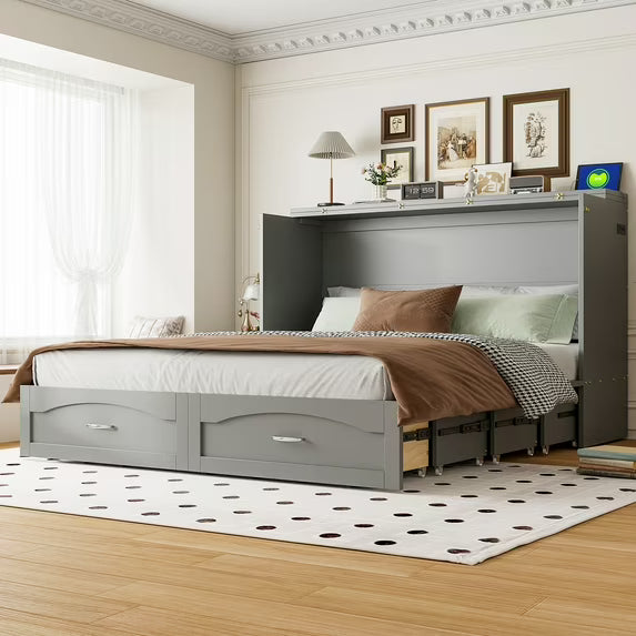 Queen Size Murphy Wall Bed, Foldable Wall Bed with Storage Drawer, Pulley Structure, Built-in Sockets & USB Ports, Gray