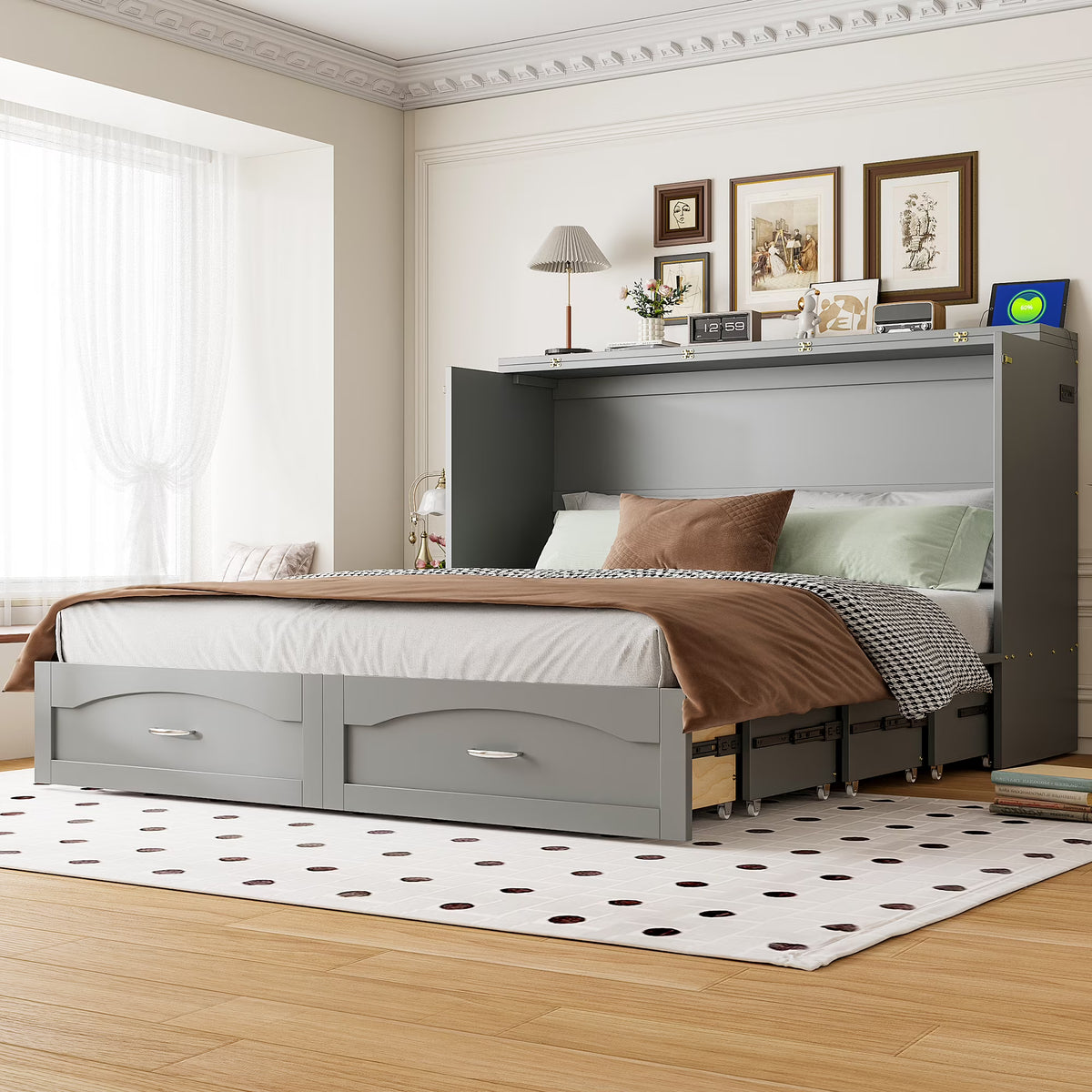 Queen Size Murphy Wall Bed, Foldable Wall Bed with Storage Drawer, Pulley Structure, Built-in Sockets & USB Ports, Gray