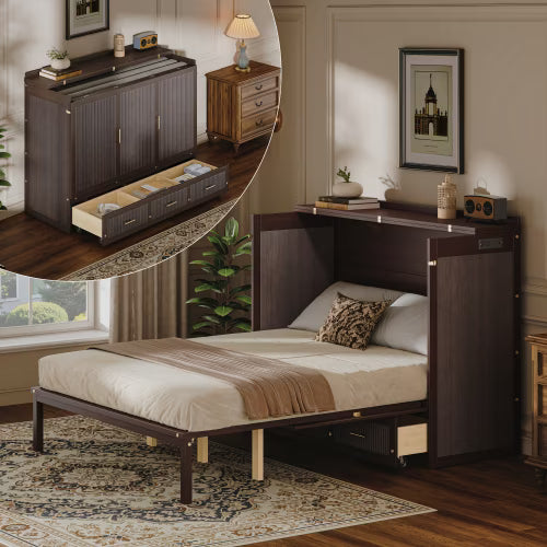 NYBOPAVIS Queen Size Murphy Bed with USB Ports & Drawers,Folding Storage Vertical Wall Bed with Safety Lock for Bedroom,Office,Guest Room,Coffee