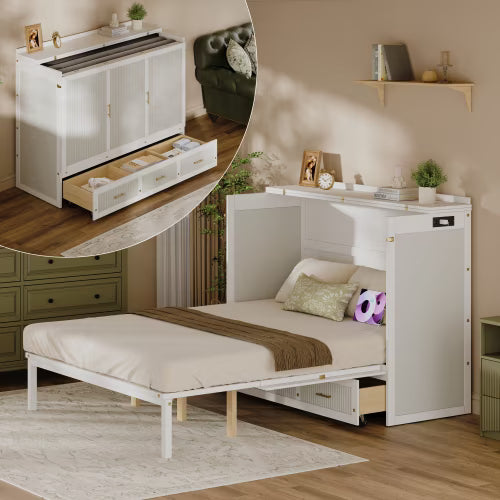 NYBOPAVIS Queen Size Murphy Bed with USB Ports & Drawers,Folding Storage Vertical Wall Bed with Safety Lock for Bedroom,Office,Guest Room,White