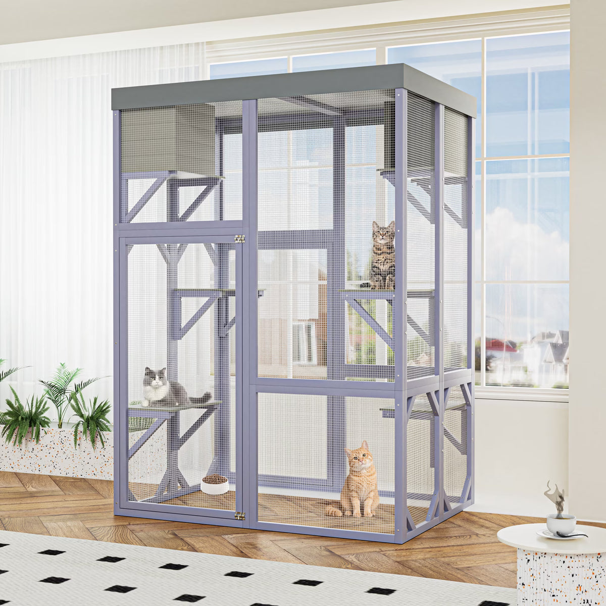 Outdoor Wooden Catio Multi-functional Cat Enclosure, 4 Platforms & 2 Napping Houses, 2 Strong Locks, Rounded Corner, Stepped design,Galvanized Wire