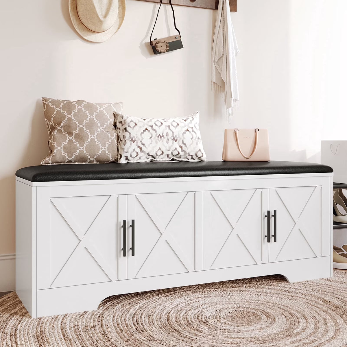 NYBOPAVIS 47" Wooden Storage Bench with Storage & Cushion, Upholstered Storage Bench with Safety Hinges for Entryway, Bedroom, WhiteLoad up to 480 lb,for Living Room,Entryway,Bedroom,White