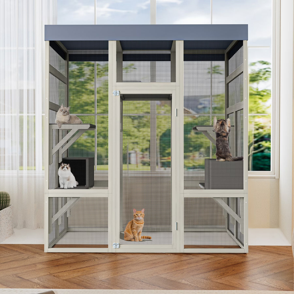 62.6" Large Wooden Outdoor Catio, Multi-Cat Enclosure with 2 Resting Houses, Ramp & Waterproof Cover