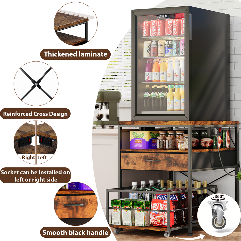 Mini Fridge Stand with Drawer Storage and Power Outlet, Heavy Duty Mobile Mini Fridge Shelf with Wheels, Beverage Refrigerator Table Stand,Brown