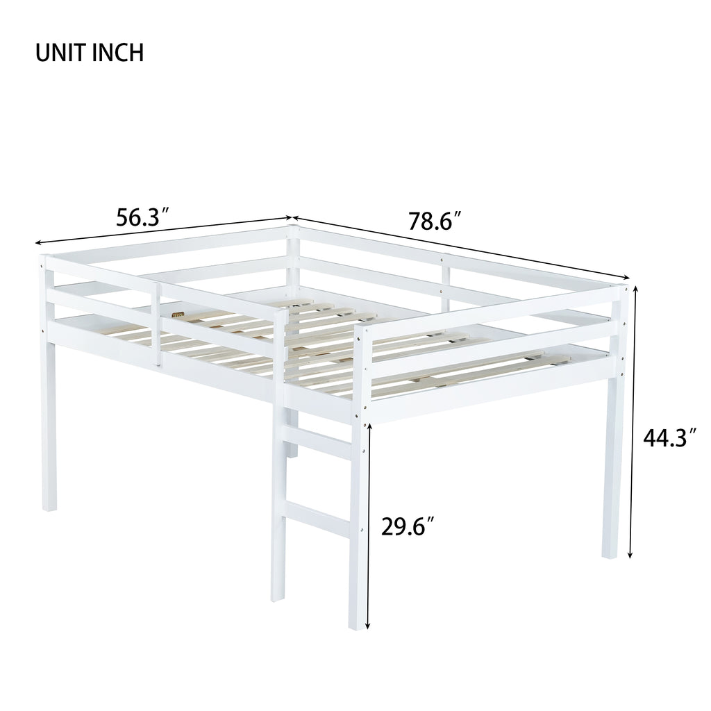 Full Low Loft Bed Frame, Solid Wood Elevated Bed with Guardrail, Space Saving Loft Bed for Bedroom, White