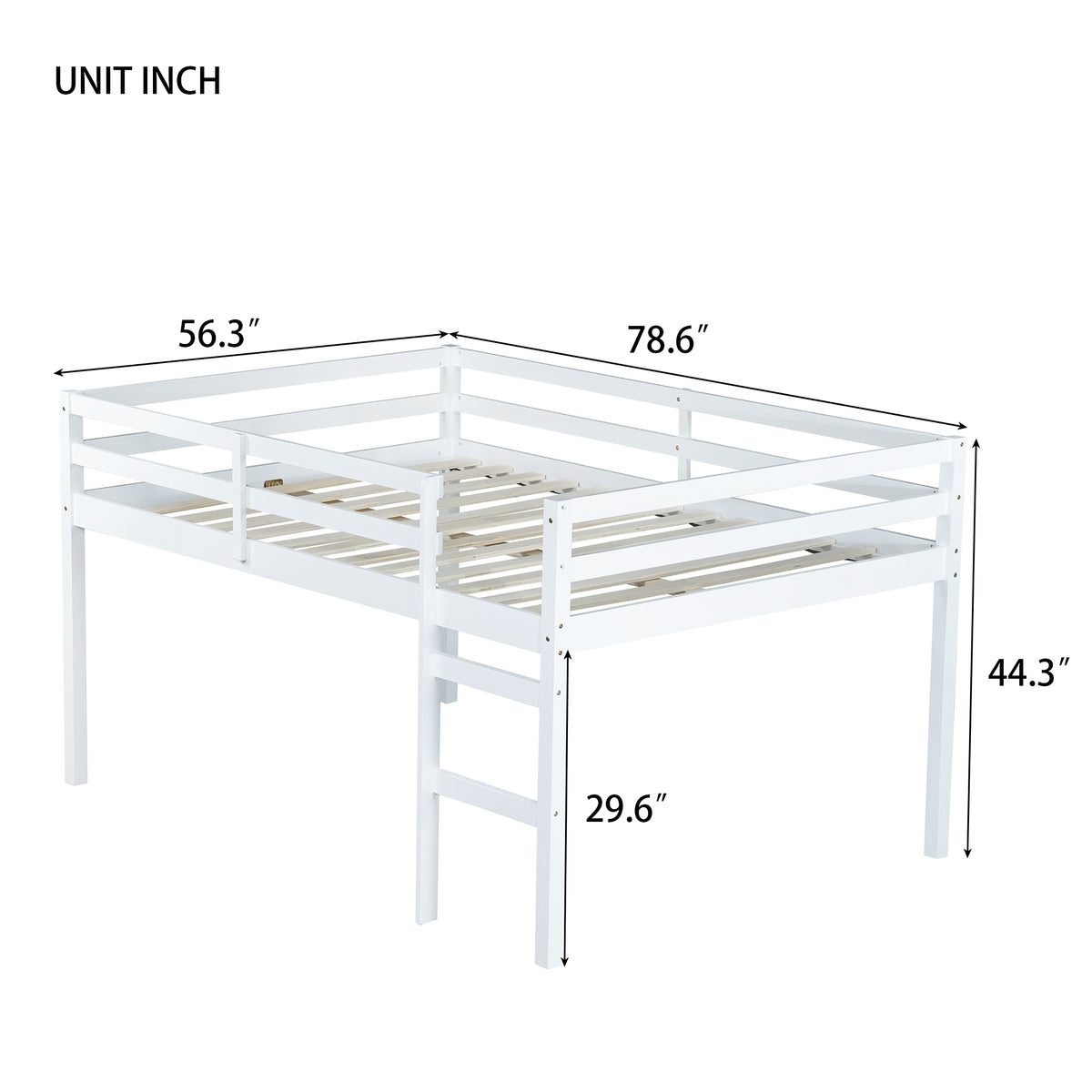 Full Low Loft Bed Frame, Solid Wood Elevated Bed with Guardrail, Space Saving Loft Bed for Bedroom, White