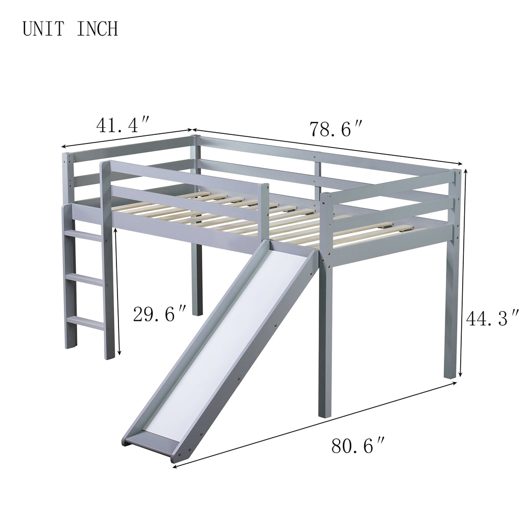 Twin Loft Bed with Slide, Solid Wood Elevated Bed Frame, Space Saving Loft Bed for Small Space Bedroom, Gray