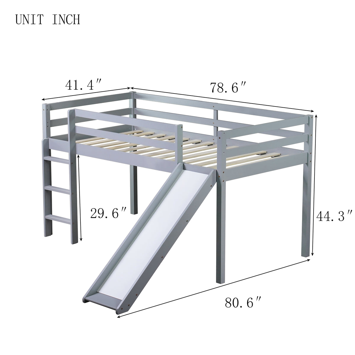 Twin Loft Bed with Slide, Solid Wood Elevated Bed Frame, Space Saving Loft Bed for Small Space Bedroom, Gray