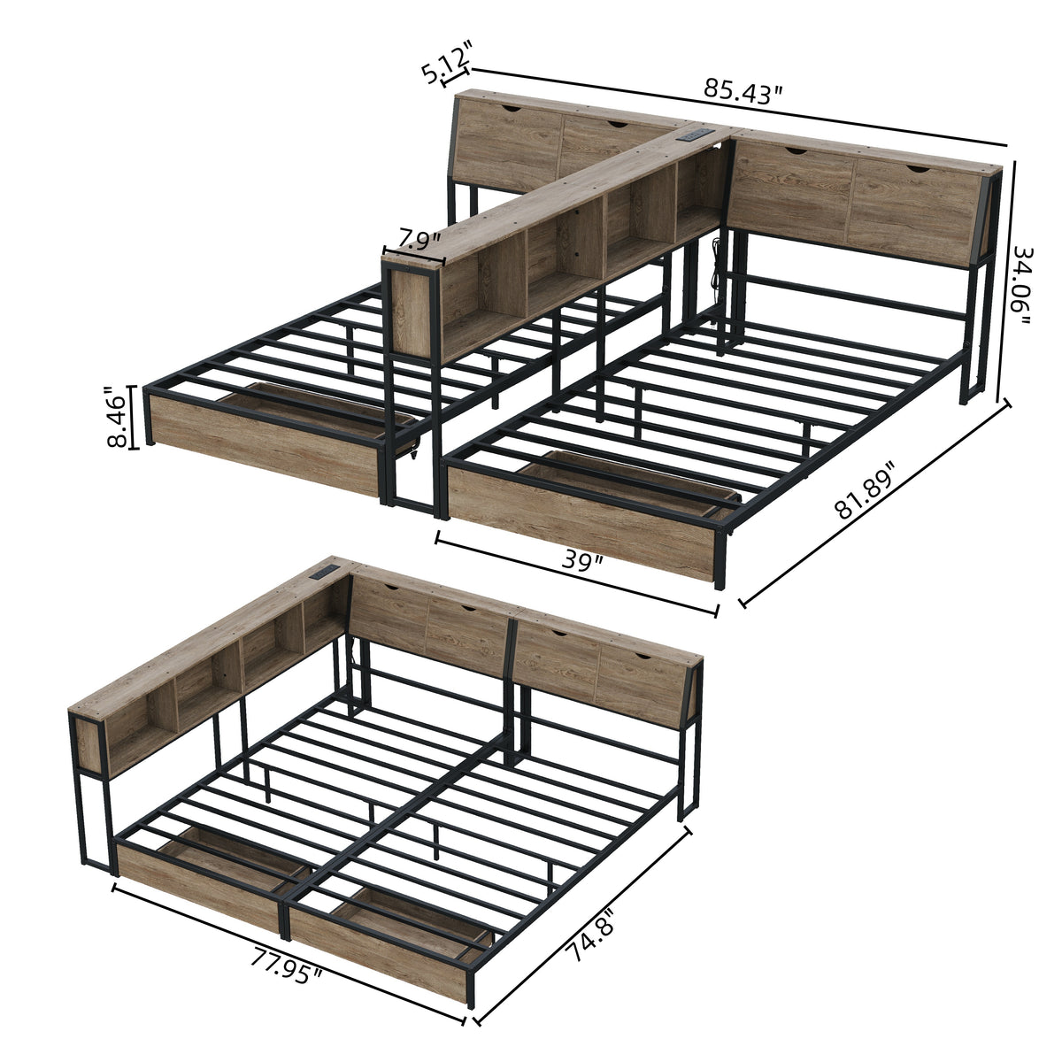 2‑Pack Twin Size Metal Platform Bed Frame, Double Twin Bed with Bookcase Divider, LED Lights, 2 Large Storage Drawers & Headboard Storage, 3 Installation Modes for Shared Bedroom,Grey