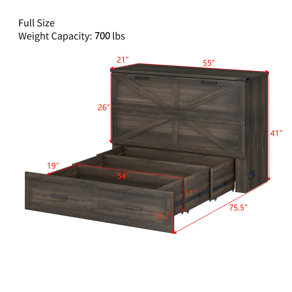 Full Size Farmhouse Murphy Cabinet Bed with Charging Station, Foldable Platform Bed with Large Storage Drawer for Guest-Room, Small Bedroom, Rustic Gray