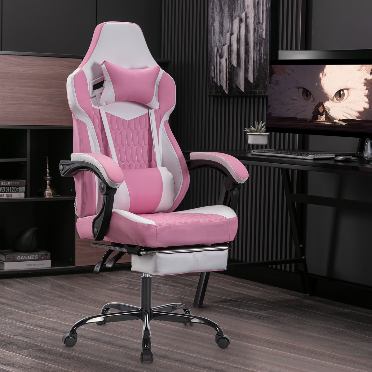 Gaming Chair with Footrest & Headrest, Leather Ergonomic Office Computer Chair with Footrest and Lumbar Support, Pink White