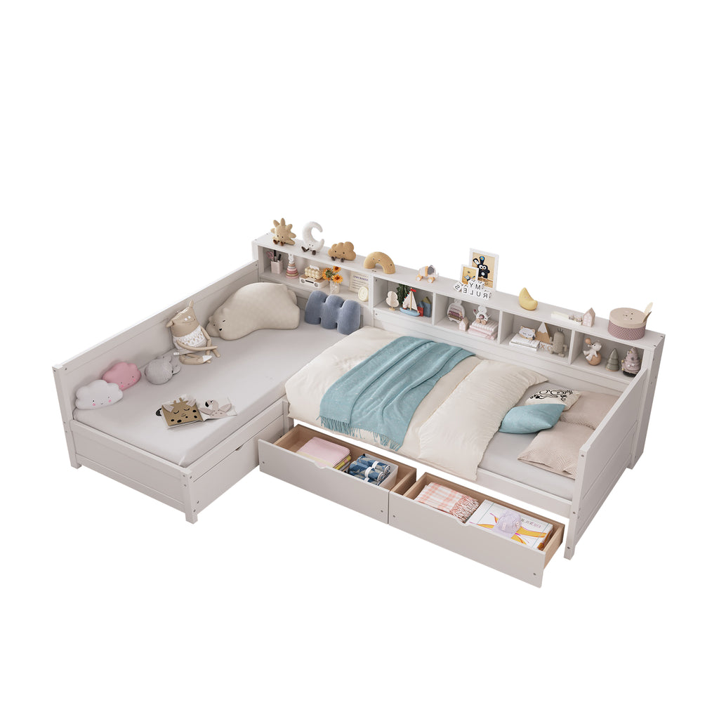 L-Shaped Twin Daybed Frame with Multiple Functional Designs, 2-Person Sleeping Space, 3 Storage Drawers & 5-Grid Bookshelf, Wooden Corner Sofa Bed for Bedroom Living Room Guest Room,White