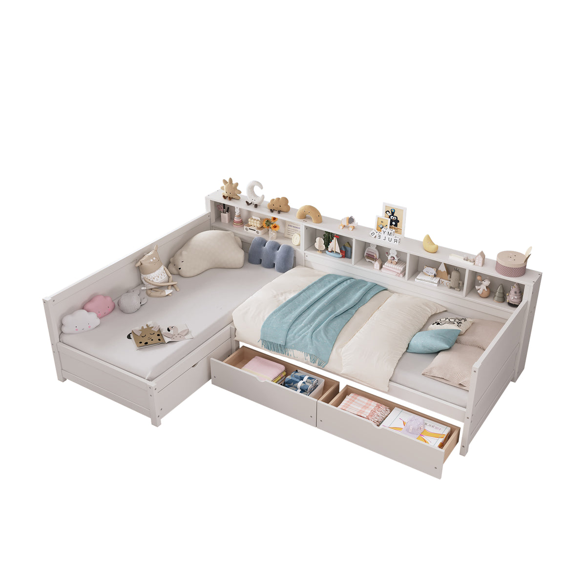 L-Shaped Twin Daybed Frame with Multiple Functional Designs, 2-Person Sleeping Space, 3 Storage Drawers & 5-Grid Bookshelf, Wooden Corner Sofa Bed for Bedroom Living Room Guest Room,White