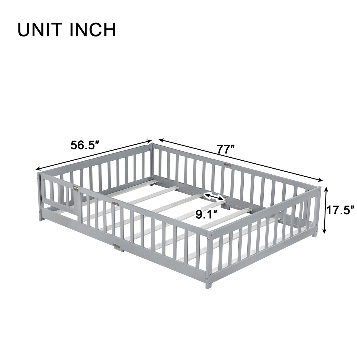 NYBOPAVIS Full Size Floor Bed with Fence & Door,Rubber Wood Floor Bed with Safety Guardrails, Montessori Bed Boys,Girls,Grey