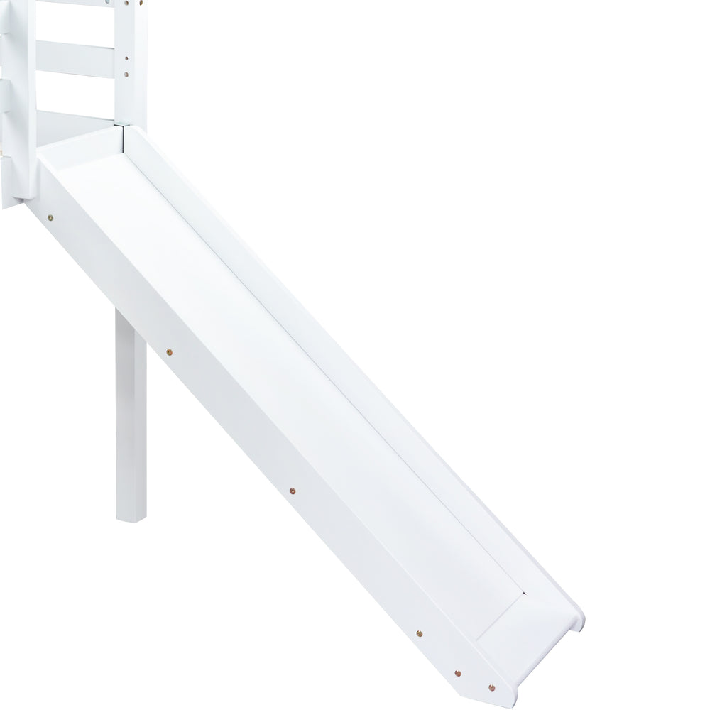 Twin Loft Bed with Slide, Solid Wood Elevated Bed Frame, Space Saving Loft Bed for Small Space Bedroom, White