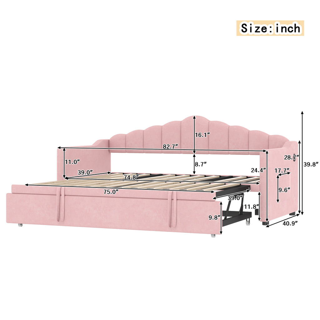 Upholstered Twin Size Daybed Bed with Charging Station & 2 Side Pockets,Velvet Daybed Frame with Adjustable Height Pop Up Trundle for Guest Room, Home Office,Pink