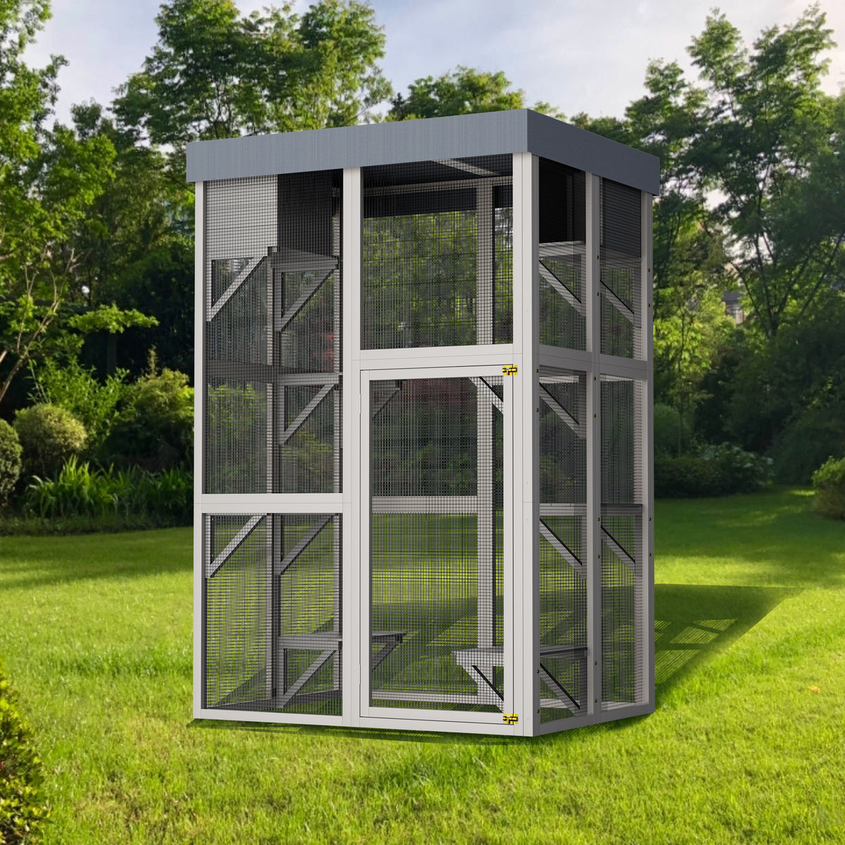 70.5＂ Tall Wooden Catio Multi-functional Cat Enclosure,6 Jumping Platforms & 2 Napping Houses, Waterproof Roof Cover,Rounded Corner,Gray