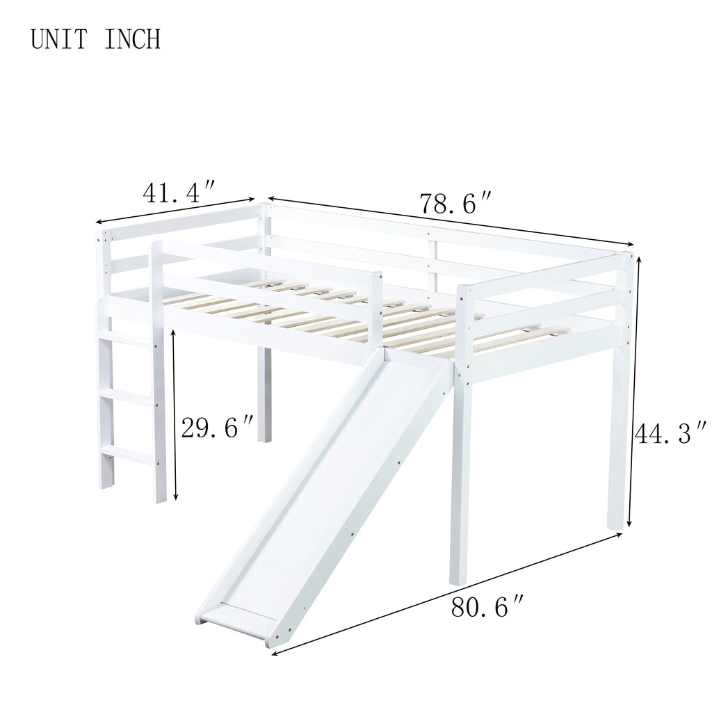 Twin Loft Bed with Slide, Solid Wood Elevated Bed Frame, Space Saving Loft Bed for Small Space Bedroom, White