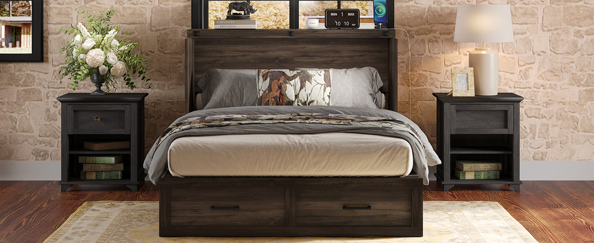 Full Size Farmhouse Murphy Cabinet Bed with Charging Station, Foldable Platform Bed with Large Storage Drawer for Guest-Room, Small Bedroom, Rustic Gray
