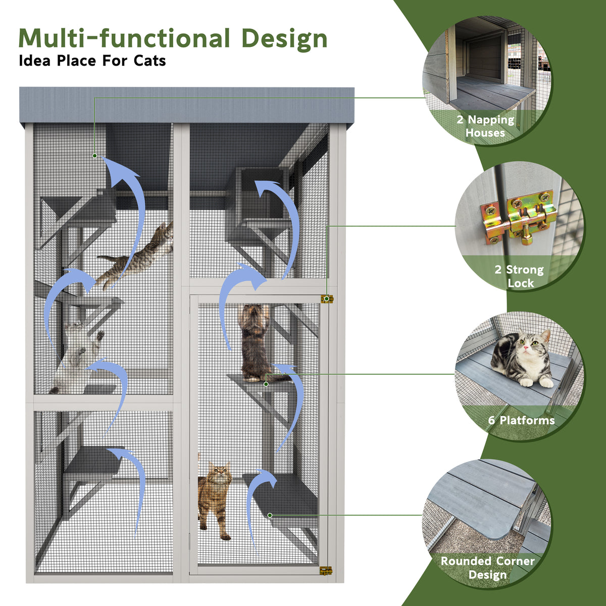 70.5＂ Tall Wooden Catio Multi-functional Cat Enclosure,6 Jumping Platforms & 2 Napping Houses, Waterproof Roof Cover,Rounded Corner,Gray