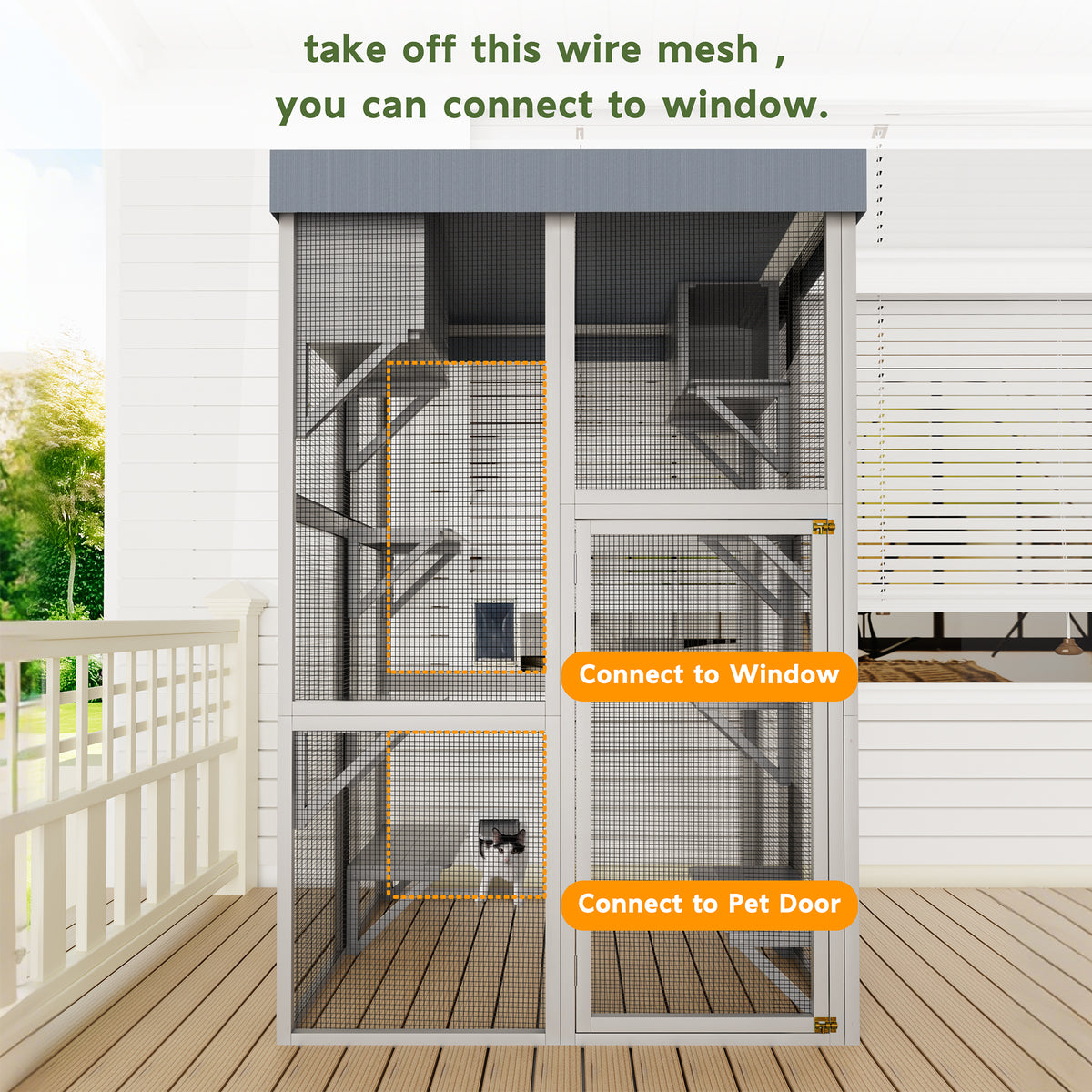 70.5＂ Tall Wooden Catio Multi-functional Cat Enclosure,6 Jumping Platforms & 2 Napping Houses, Waterproof Roof Cover,Rounded Corner,Gray