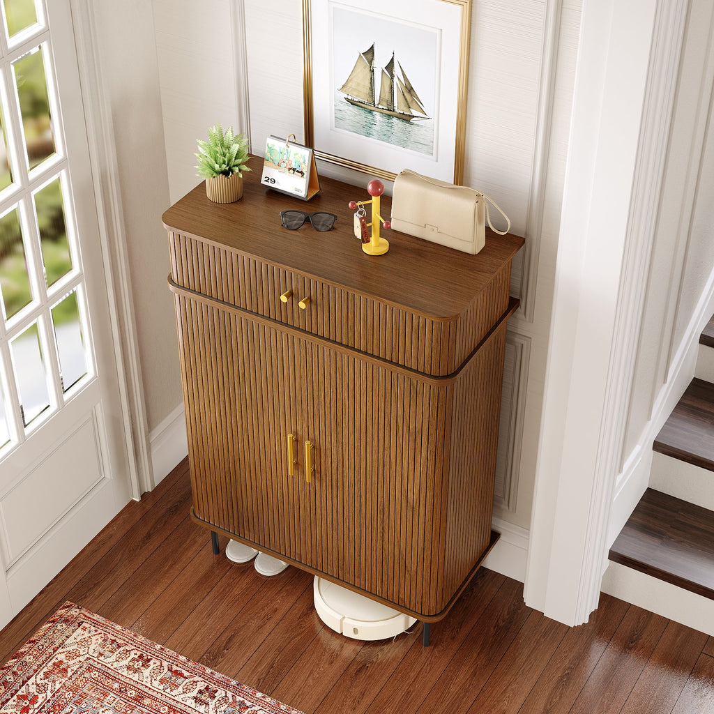 NYBOPAVIS 7-Tier Shoe Cabinet with Sliding Door, Storage Organizer with Adjustable Shelves, Freestanding Shoe Rack for Entryway, Walnut