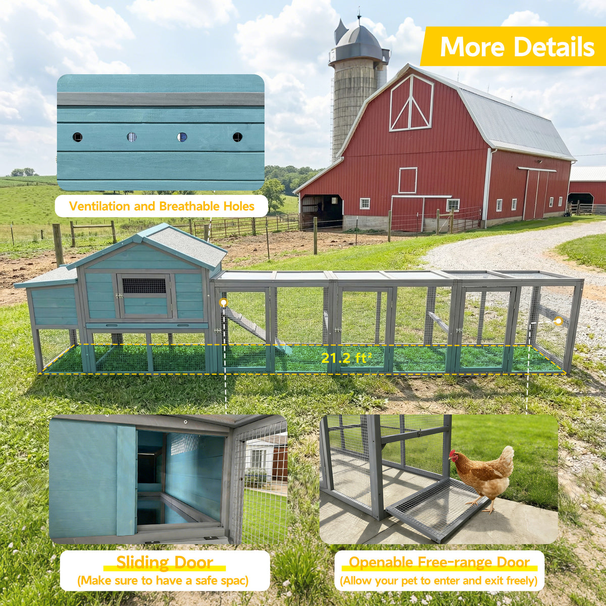 141＂Large Wooden Chicken Coop,21.2ft² Outdoor Hen House with Nesting Box,Wire Fence, Waterproof & Anti-UV Panel,Poultry Cage