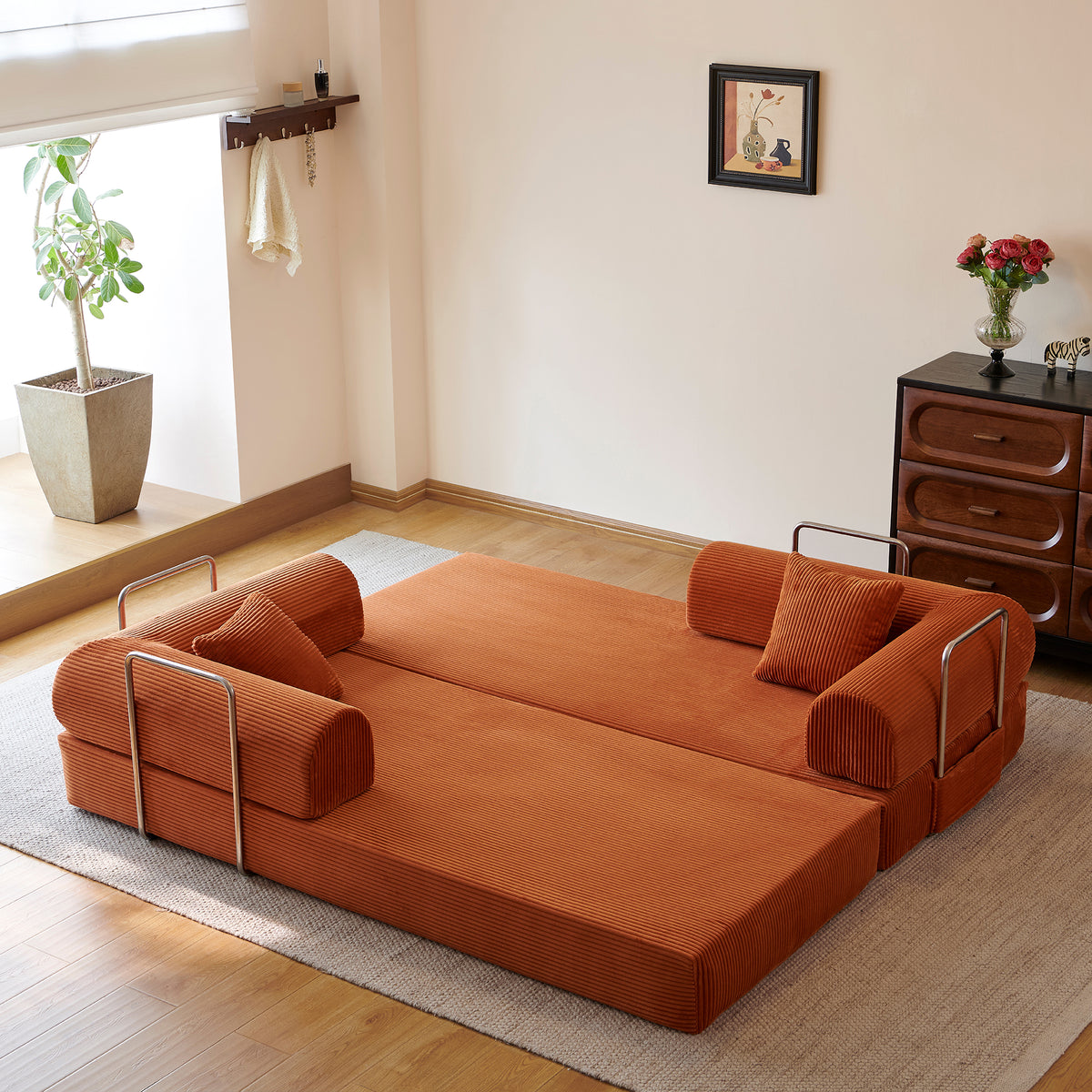 Compressed Convertible Floor Sofa Bed, Boneless Modular Sectional Futon Couch with Pillow Back & Armrest, Corduroy Fabric Loveseat for Living Room Bedroom, Tangerine