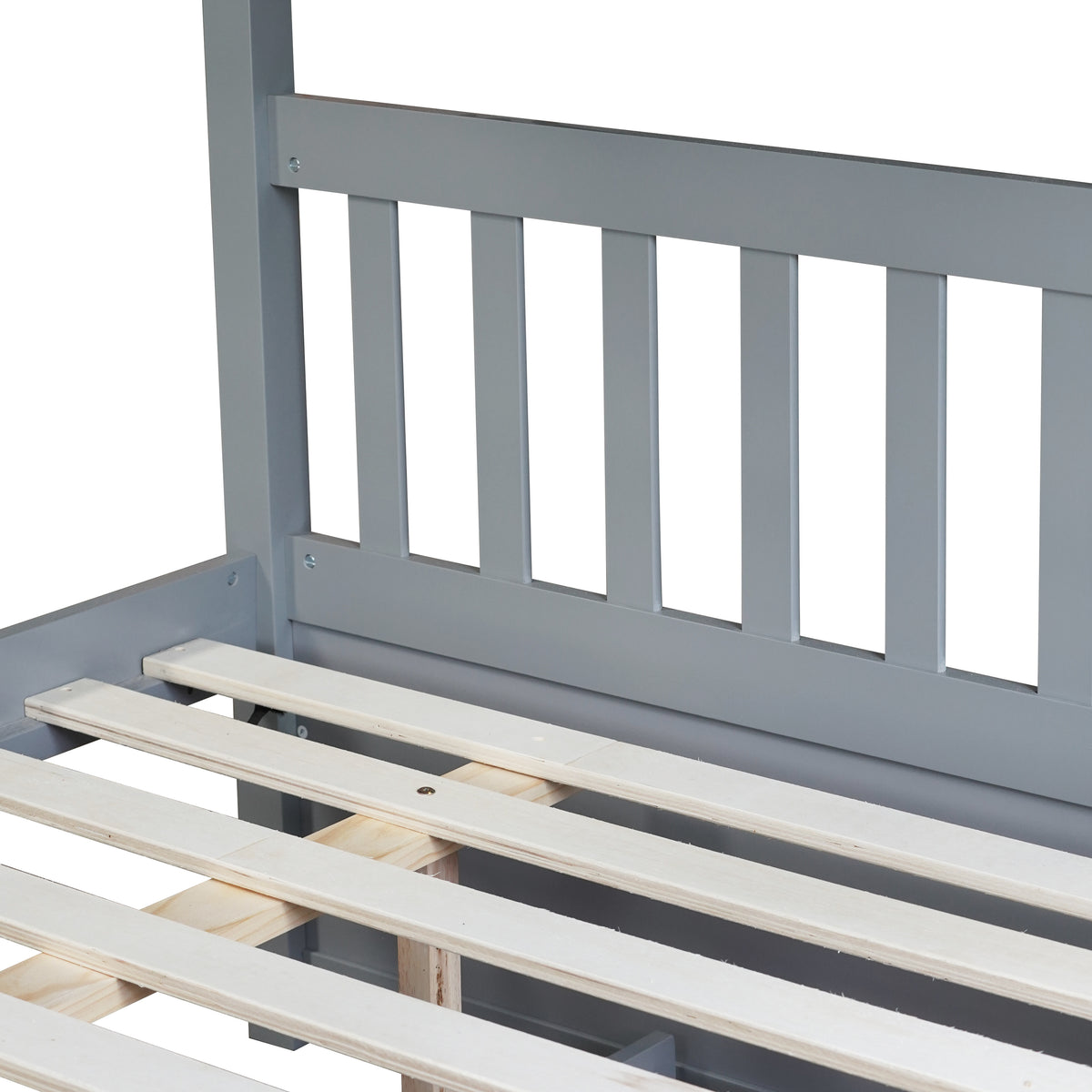 Full Bunk Bed with Pull-Out Trundle, Convertible Bunk Bed to 2 Single Beds, Solid Wood Bed Frame with Ladder & Guardrail, Grey