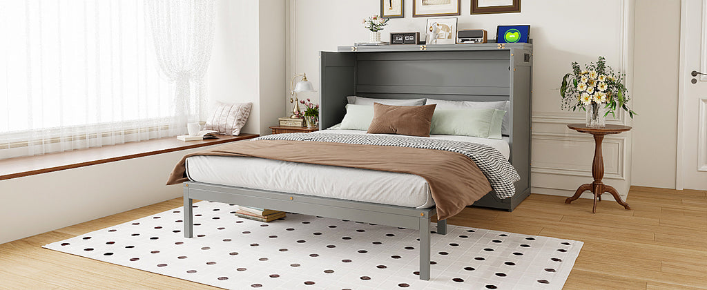 Queen Size Murphy Beds with drawer & USB Ports,Folding Storage Wall Bed Furniture for Bedroom,Office,Guest Room, Gray