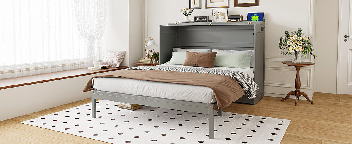 Queen Size Murphy Beds with drawer & USB Ports,Folding Storage Wall Bed Furniture for Bedroom,Office,Guest Room, Gray