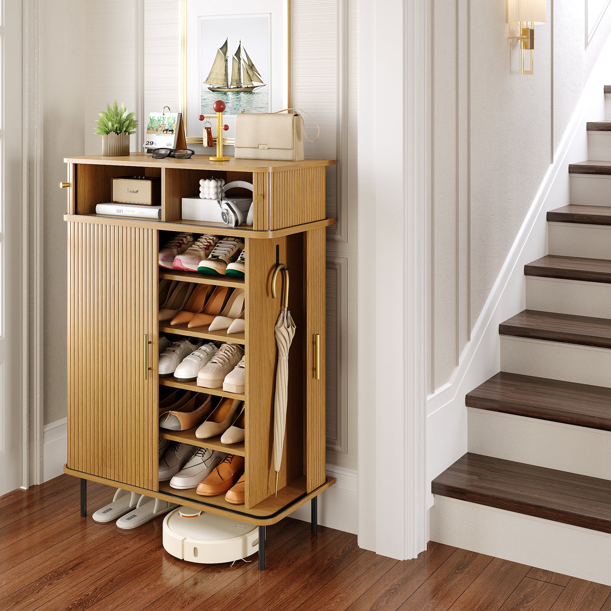 NYBOPAVIS 7-Tier Shoe Cabinet with Sliding Door, Storage Organizer with Adjustable Shelves, Freestanding Shoe Rack for Entryway, Natural
