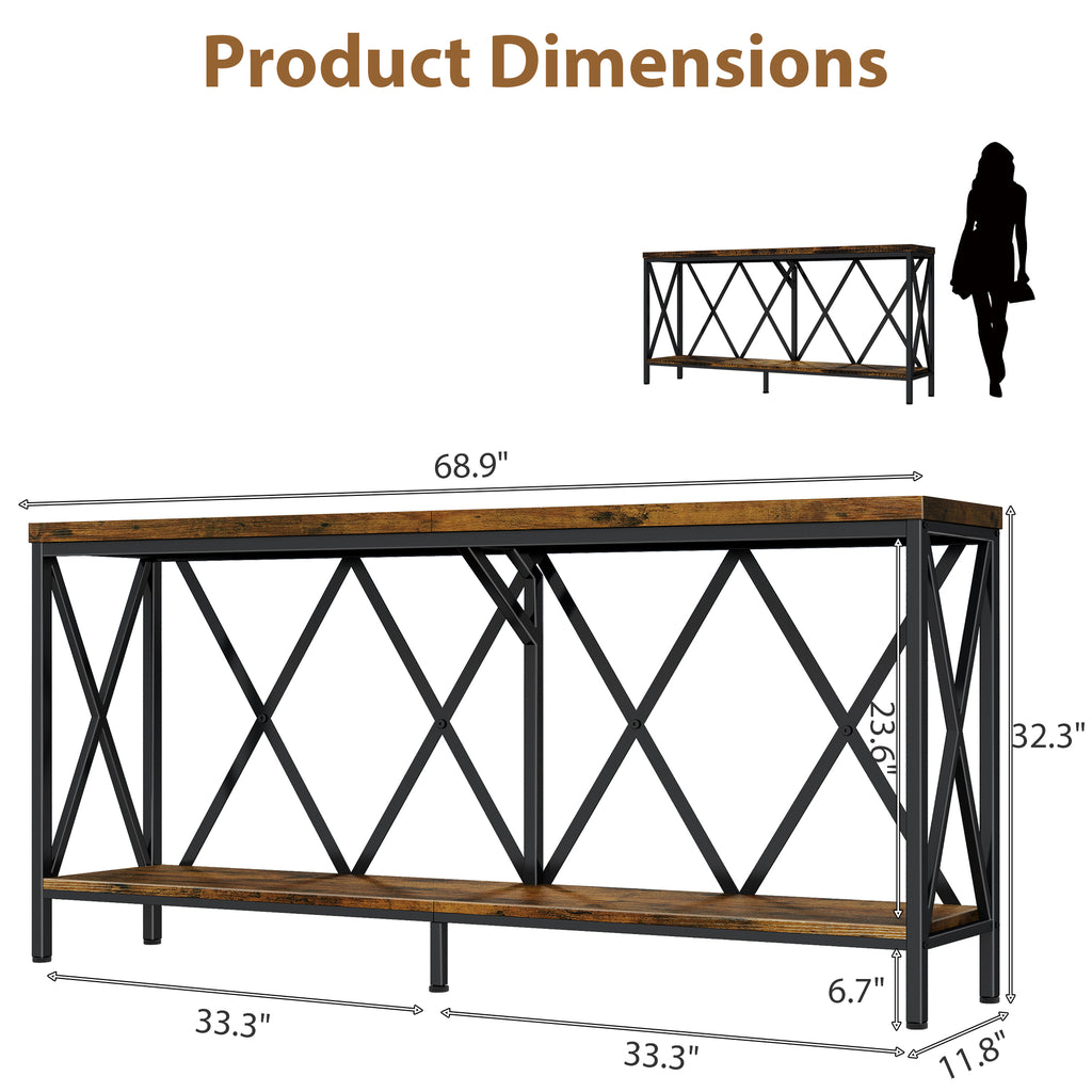 69" Modern Narrow Console Table, 2-Shelves Industrial Sofa Table, Entryway accent table with Storage, Rustic Brown, Rectangle