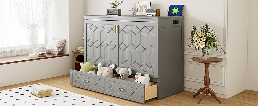 Queen Size Murphy Beds with drawer & USB Ports,Folding Storage Wall Bed Furniture for Bedroom,Office,Guest Room, Gray