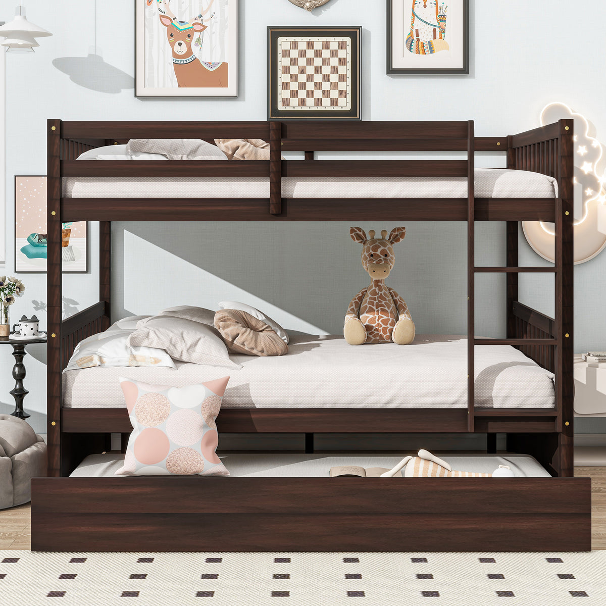 Full Bunk Bed with Pull-Out Trundle, Convertible Bunk Bed to 2 Single Beds, Solid Wood Bed Frame with Ladder & Guardrail, Espresso