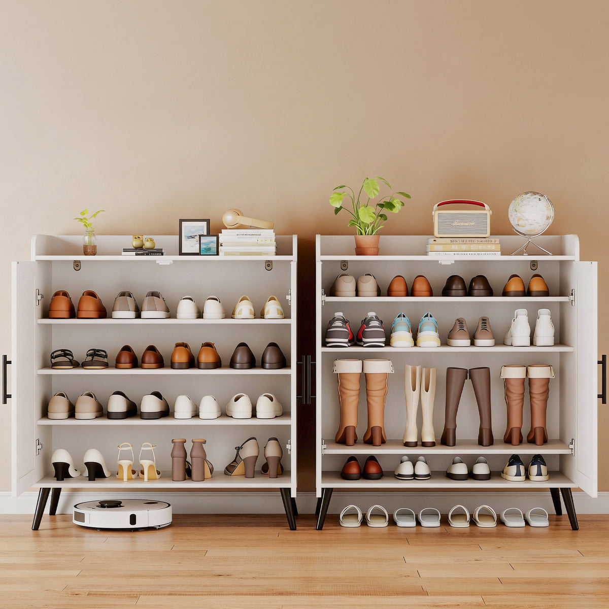 4 Tiers Shoe Storage Cabinet with doors, Adjustable Shelves, 16 Pairs Wood Shoe Rack Organizer for Hallway, Arc Anti-Collision Corner, White